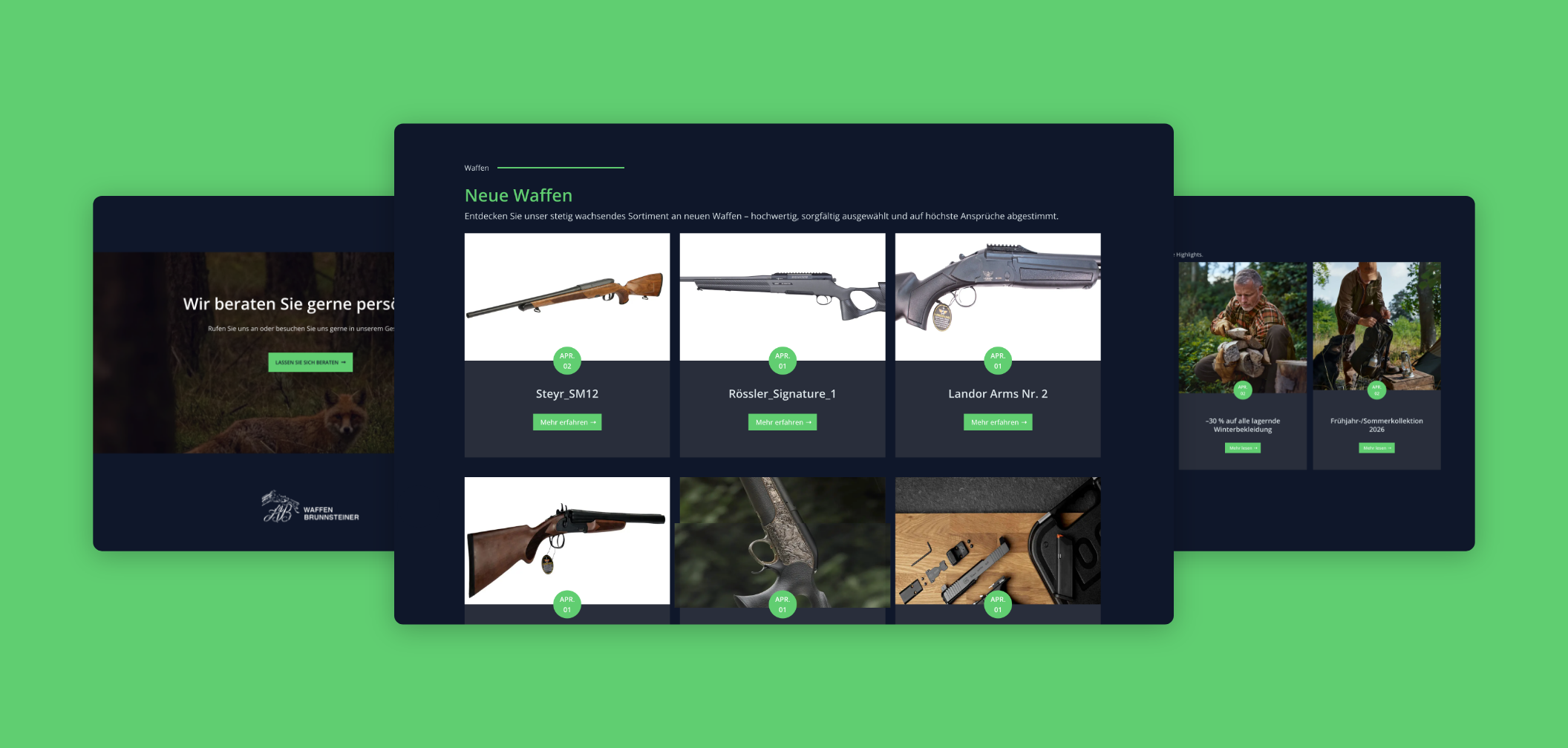 Drei Desktop Screens mit dem Waffen Angebot