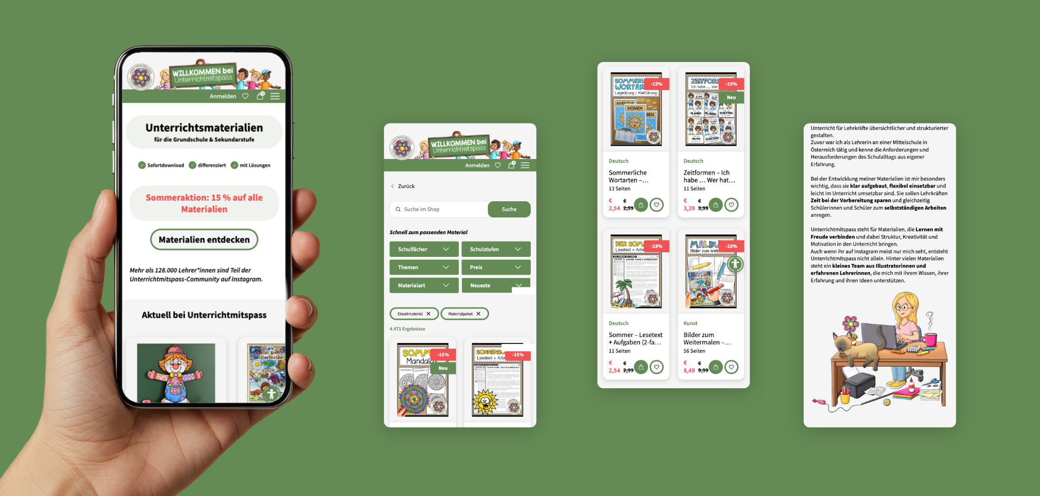 Vier Smartphone Screen mit Startseite und Online Shop