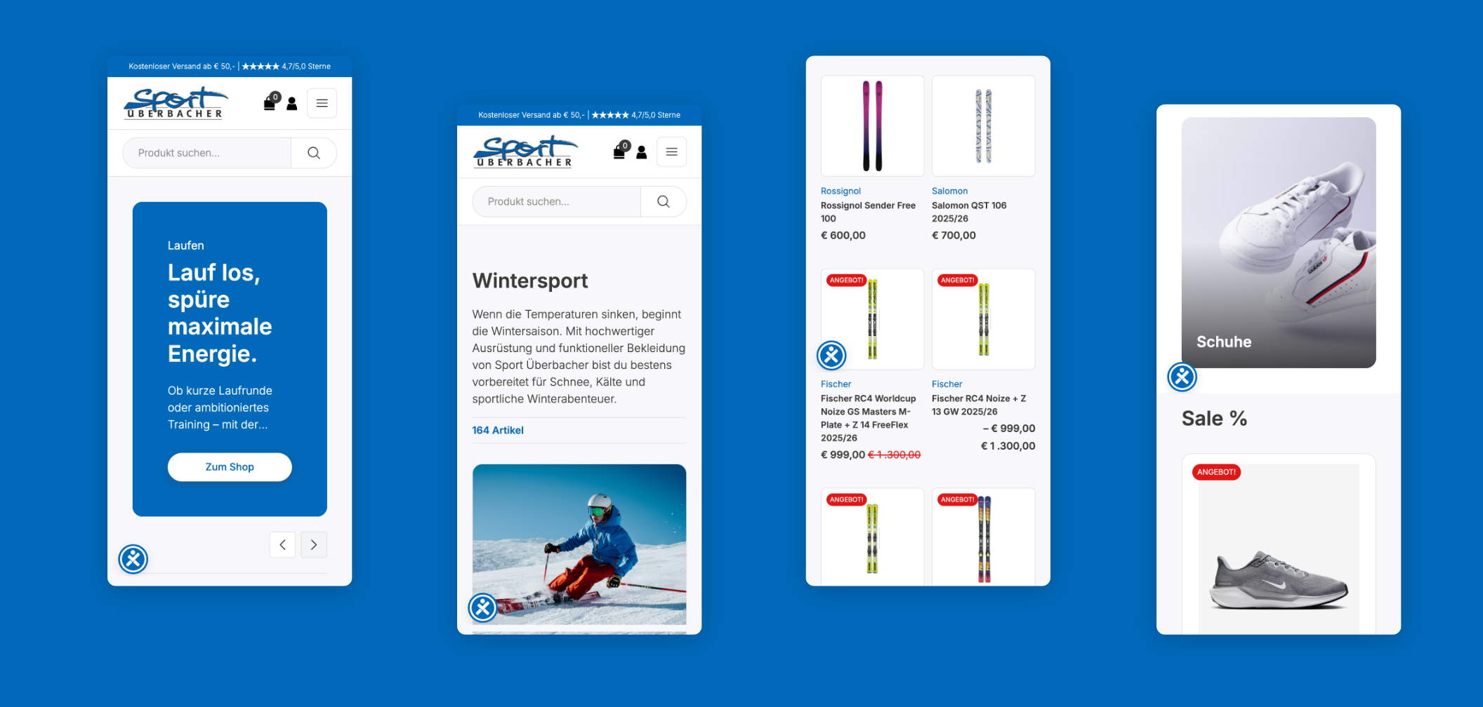 Vier Smartphone screens des Onlineshop